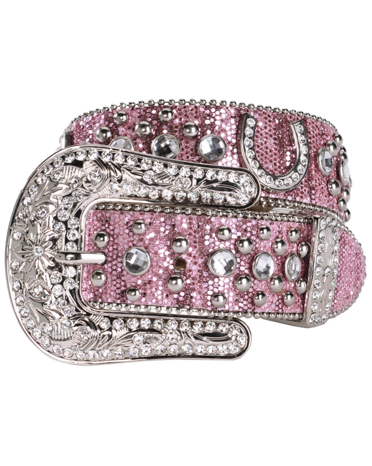 Nocona Belt Co. Girls' Glittery Horseshoe Concho Western Belt, Pink, hi-res