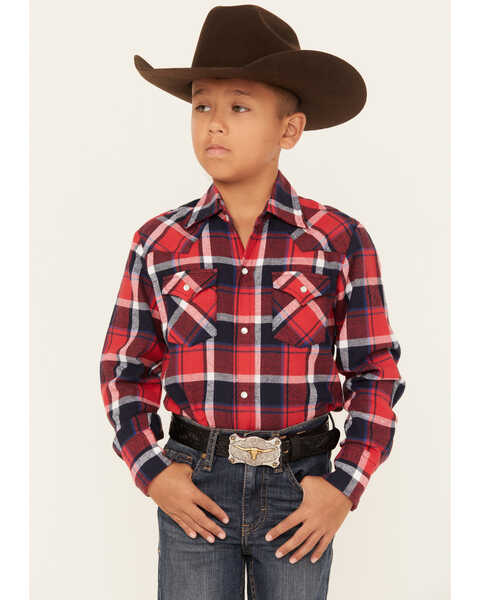 Ely Walker Boys' Plaid Print Brushed Flannel Long Sleeve Pearl Snap Western Shirt, Red, hi-res