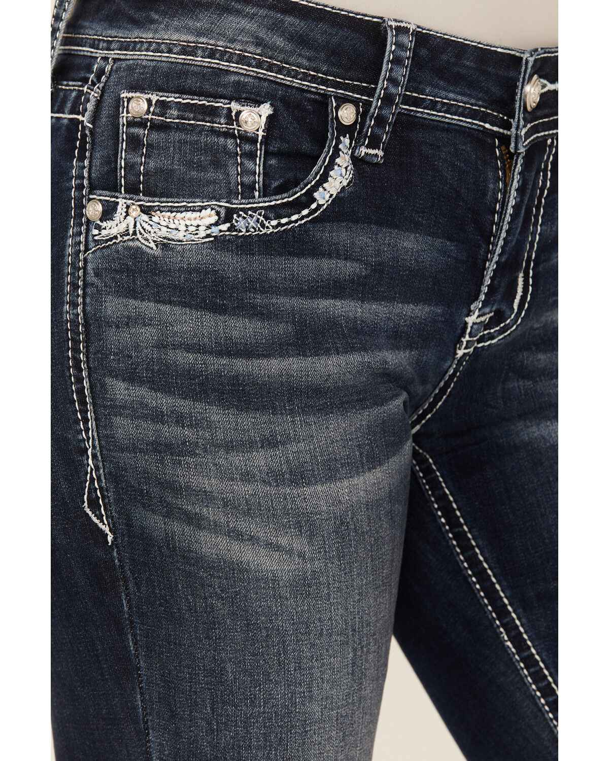 Image #4 - Grace in LA Women's Medium Wash Low Rise Floral Embroidered Pocket Stretch Bootcut Jeans, , hi-res