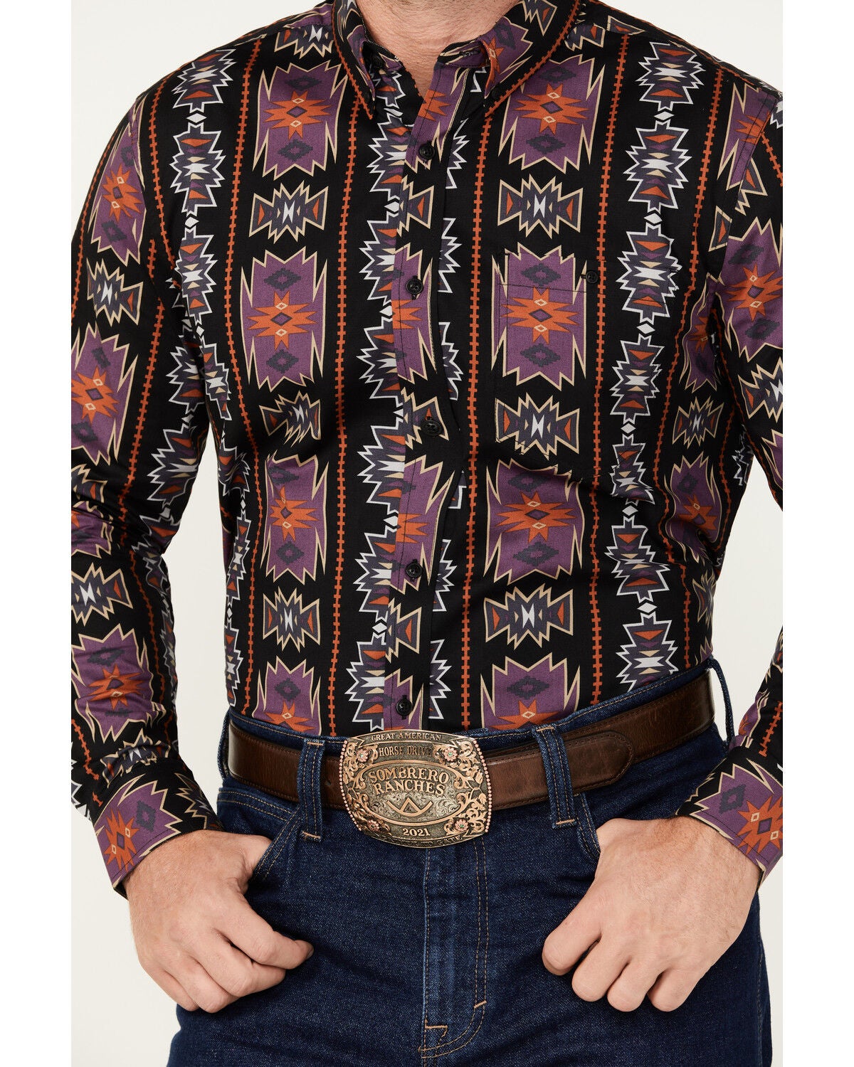 Image #3 - RANK 45&reg; Men's Great Fall Southwestern Print Long Sleeve Button-Down Western Shirt, Black, hi-res