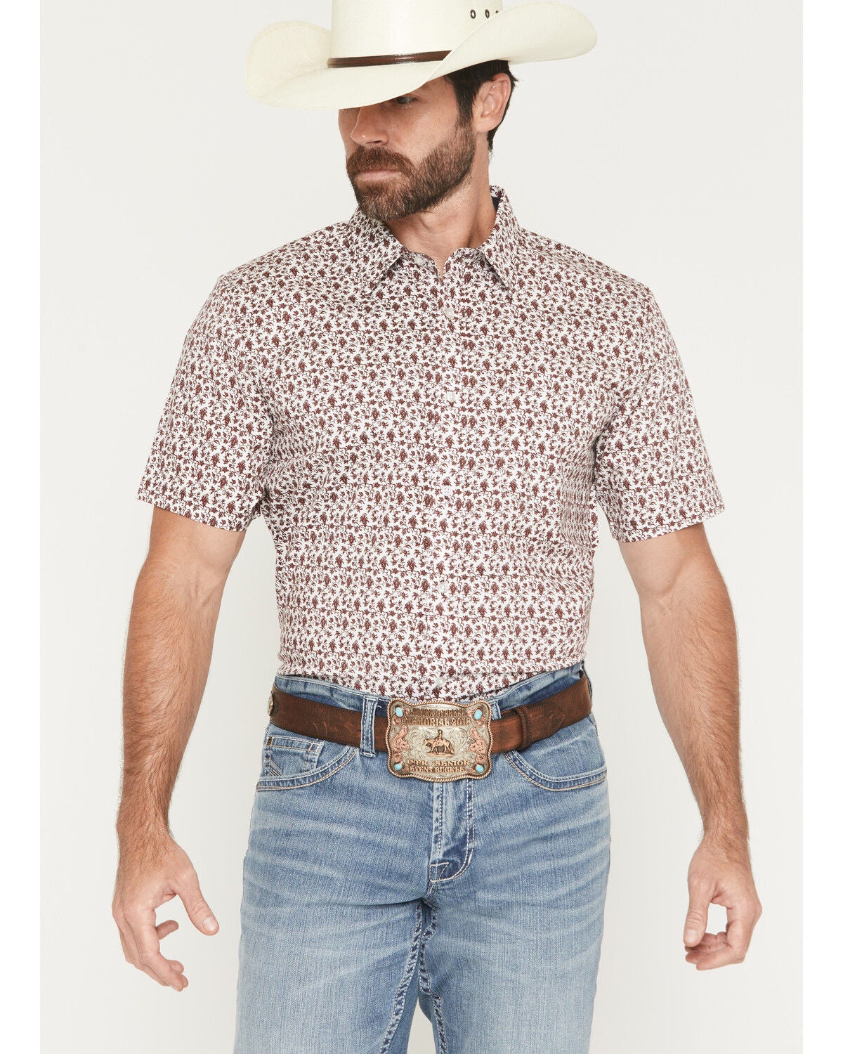 Cody James Men's Neon Moon Floral Print Short Sleeve Button-Down Stretch Western Shirt, Burgundy, hi-res