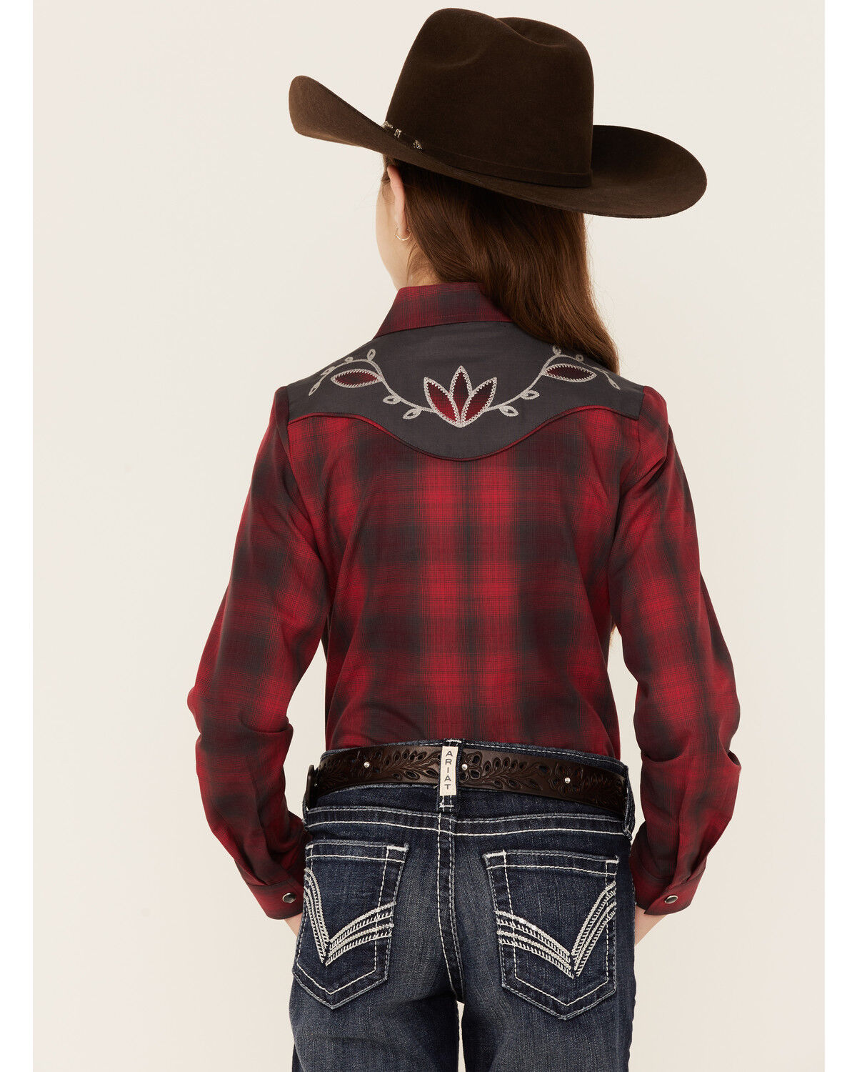 Image #3 - Roper Girls' Fancy Applique Plaid Long Sleeve Snap Western Shirt, Red, hi-res