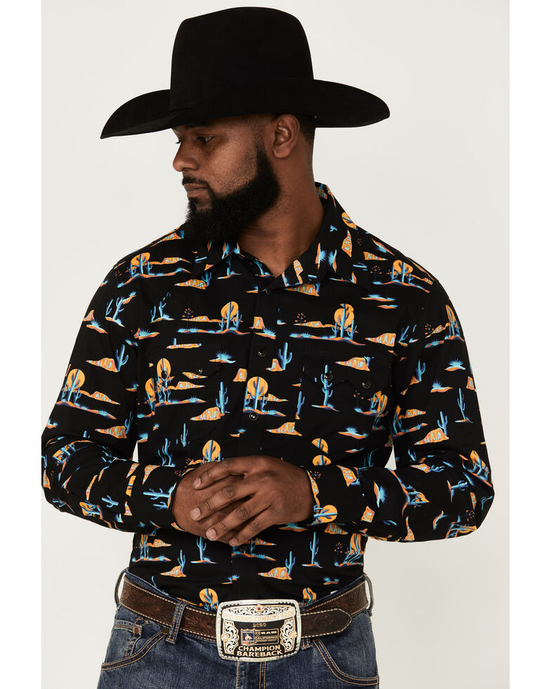 Dale Brisby Men's Desert Conversational Print Long Sleeve Snap Western Shirt , Black, hi-res