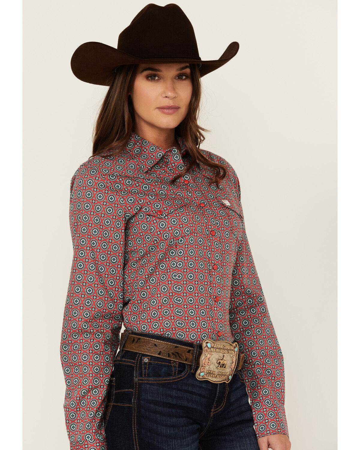 Image #2 - Cinch Women's Printed Long Sleeve Snap Western Shirt, Red, hi-res
