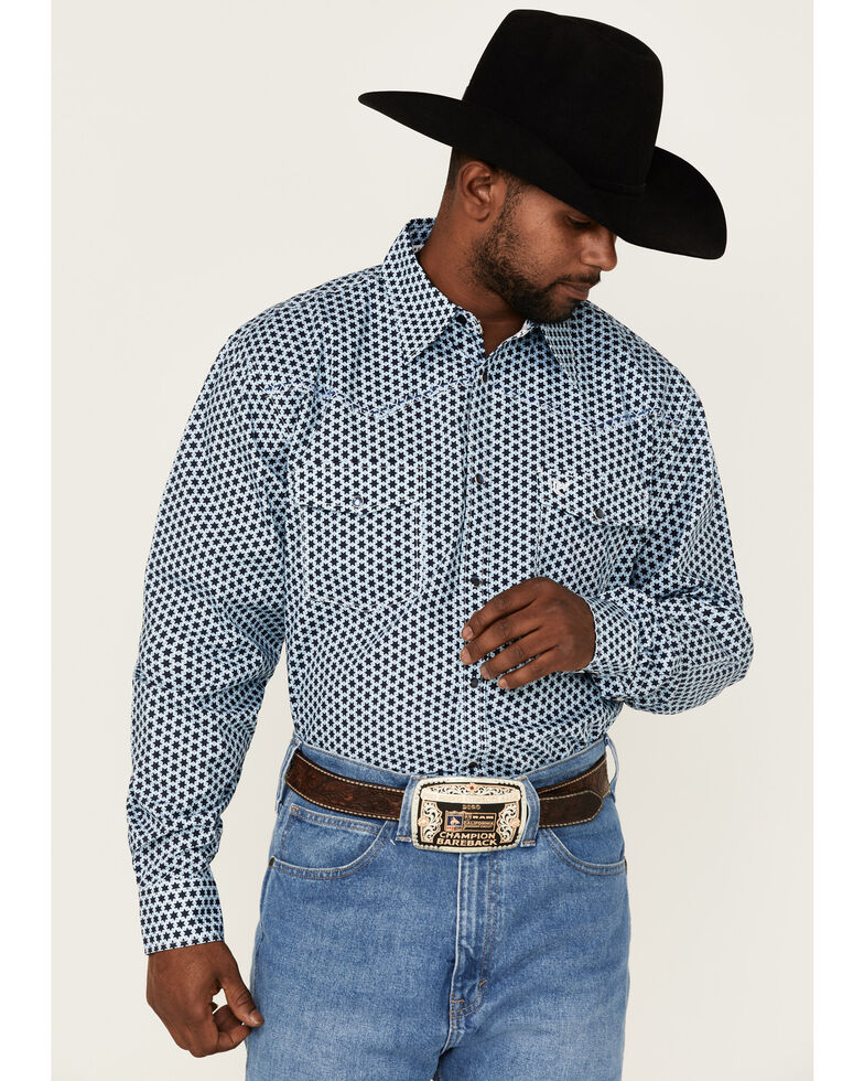 Cowboy Hardware Men's Six Star Geo Print Long Sleeve Snap Western Shirt , Navy, hi-res