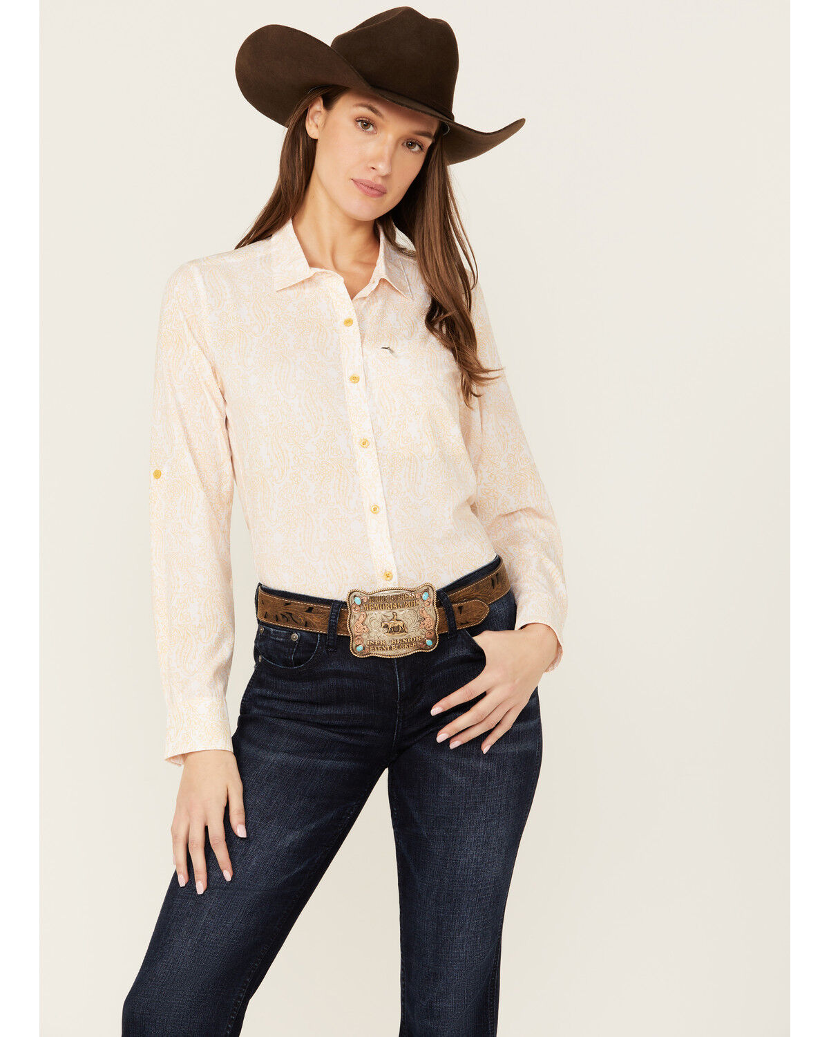 Image #1 - Ariat Women's Paisley Print VentTek Stretch Long Sleeve Button-Down Western Shirt, Yellow, hi-res