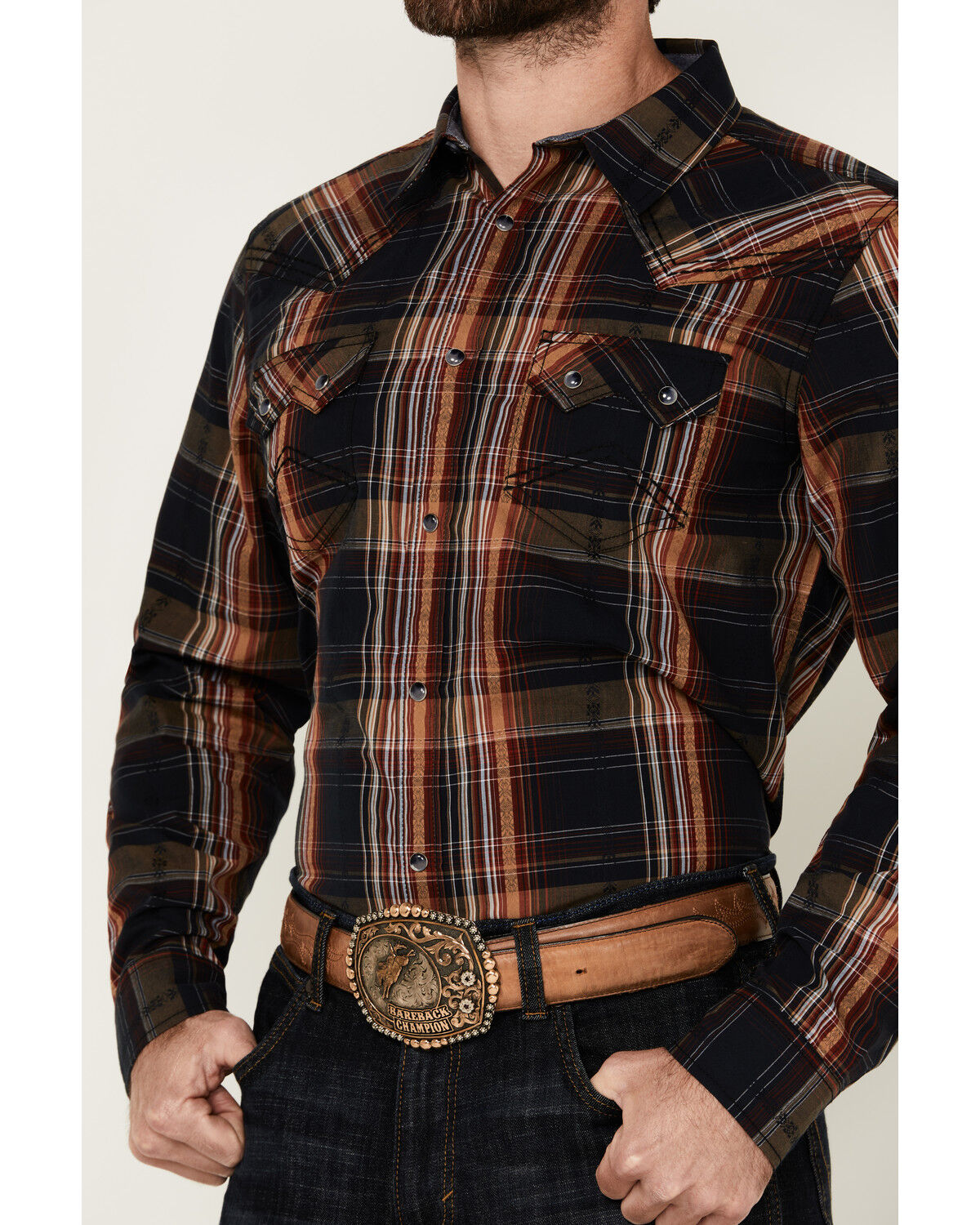 Image #3 - Cody James Men's Trouble Plaid Print Long Sleeve Snap Western Shirt - Tall, Navy, hi-res