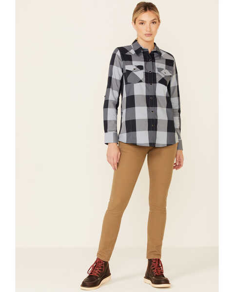 ATG by Wrangler Women's All-Terrain Plaid Print Mix Material Long Sleeve Snap Western Core Shirt , Navy, hi-res