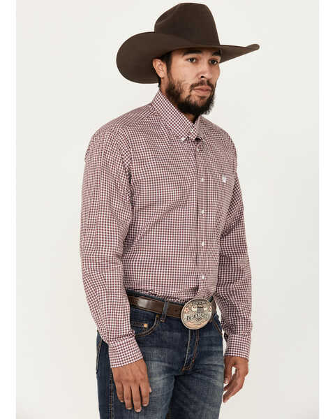 Cinch Men's Checkered Print Long Sleeve Button-Down Shirt, Burgundy, hi-res