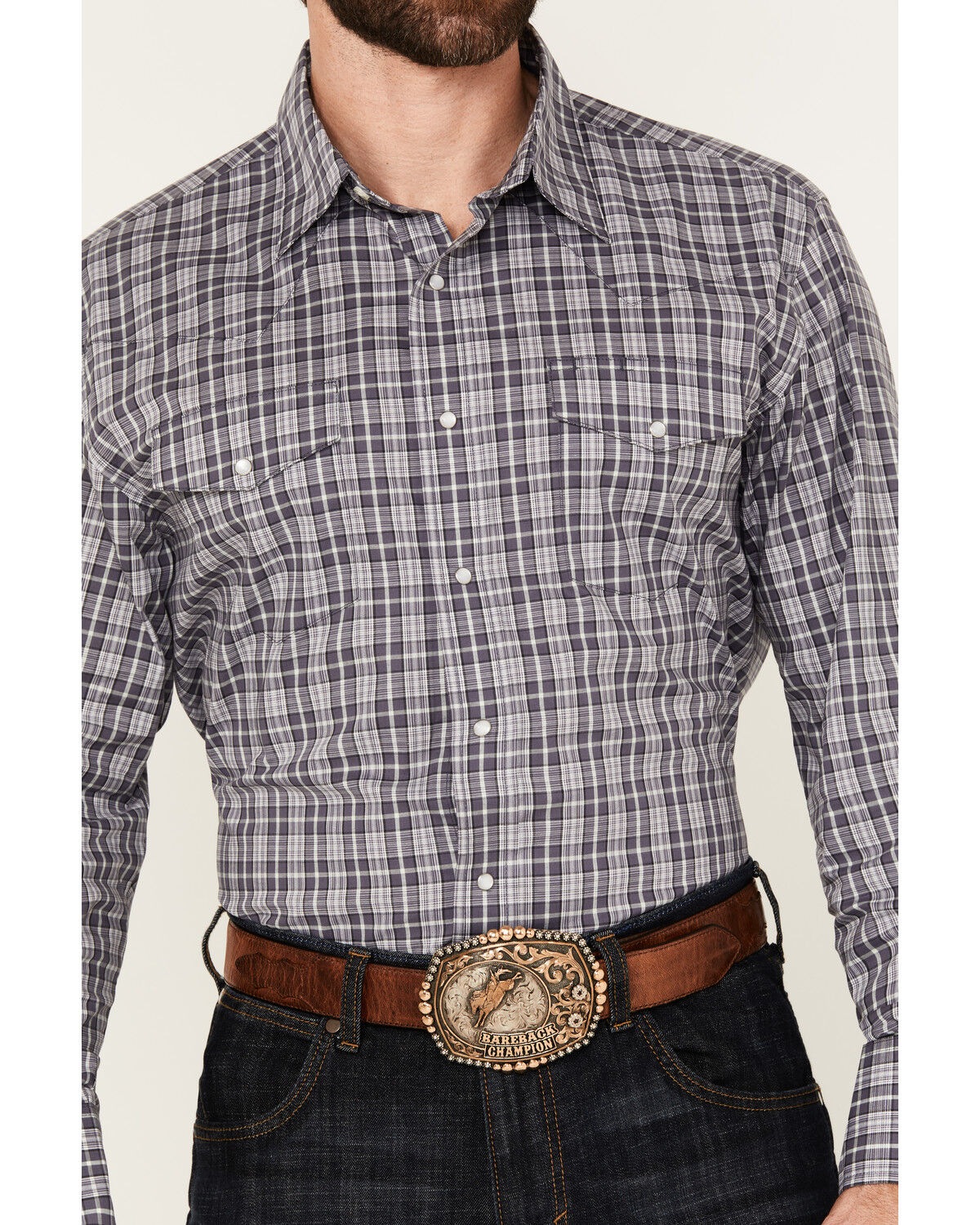 Image #3 - Wrangler Men's Wrinkle Resistant Plaid Print Long Sleeve Snap Stretch Western Shirt, Dark Grey, hi-res