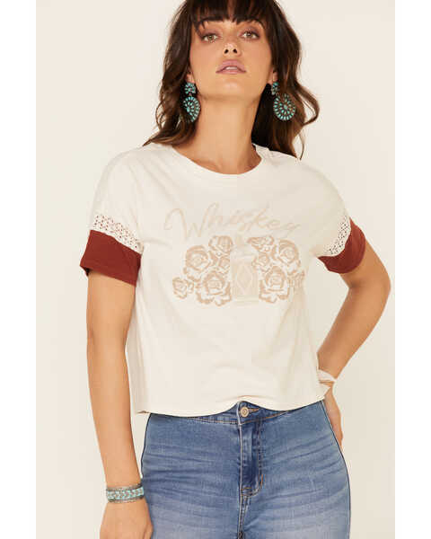 Image #3 - Shyanne Women's Sand Whiskey Lace Inset Graphic Tee , Sand, hi-res