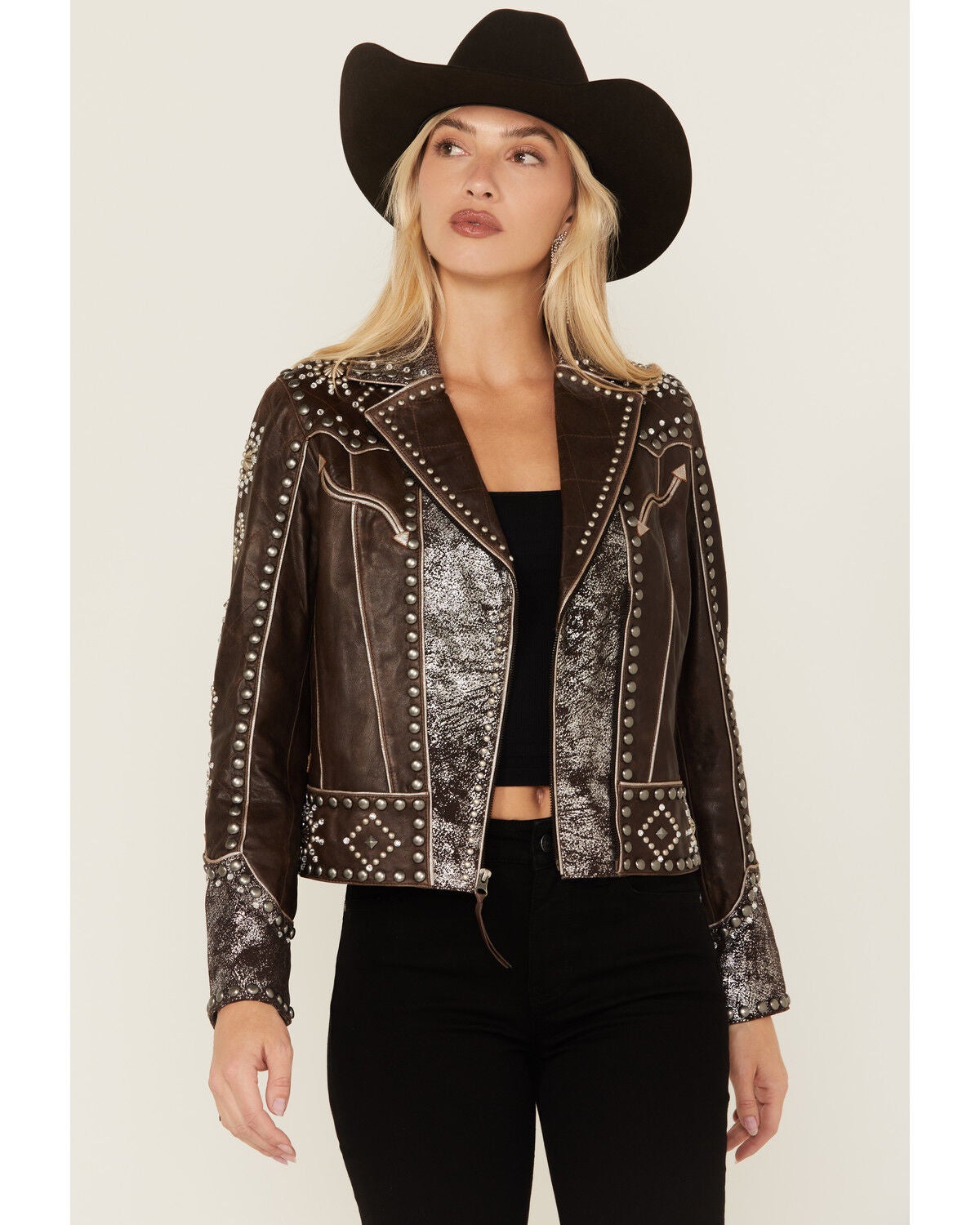 Image #1 - Double D Ranch Women's Embellished Fringe Leather Jacket, Brown, hi-res