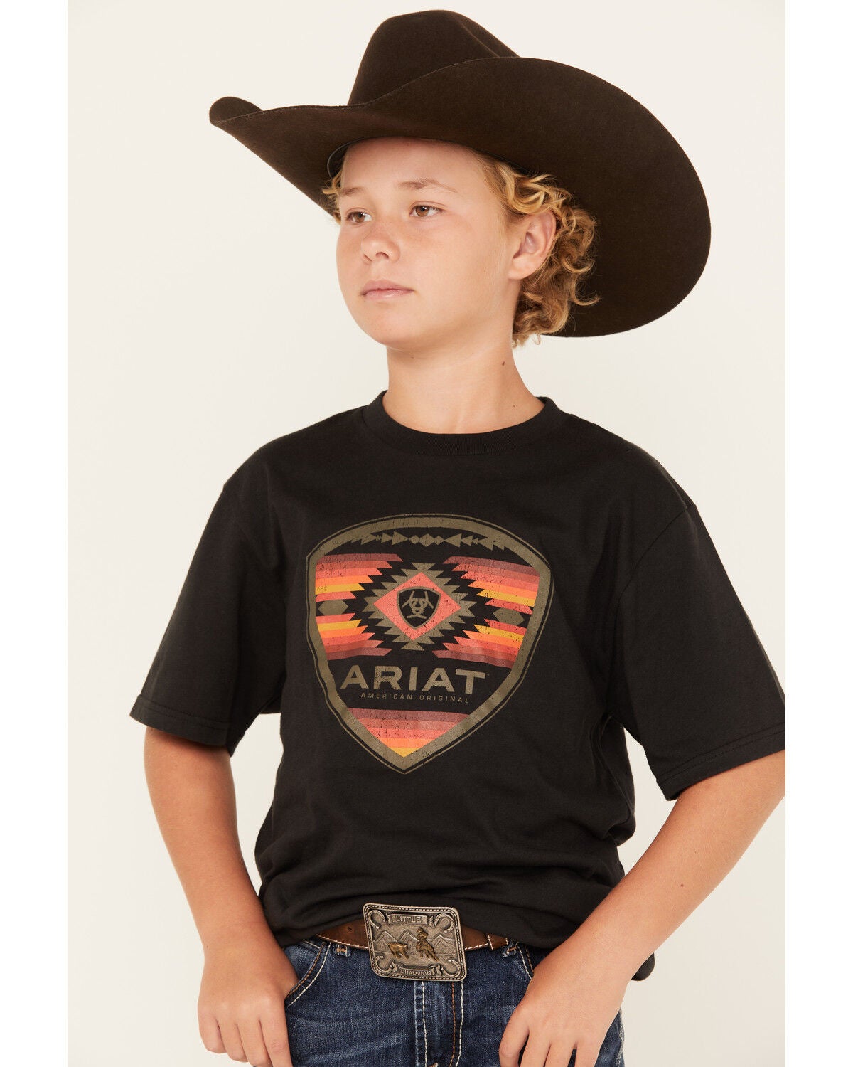 Image #1 - Ariat Boys' Boot Barn Exclusive Geo Logo Short Sleeve Graphic T-Shirt, Black, hi-res