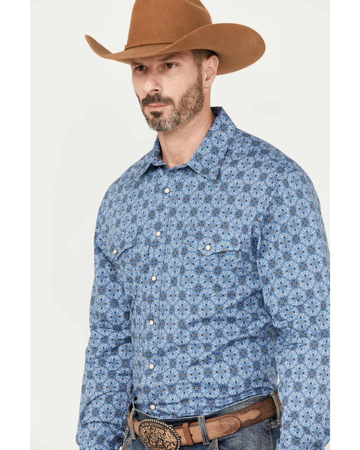 Image #2 - Rock & Roll Denim Men's Medallion Print Long Sleeve Snap Western Shirt, Blue, hi-res
