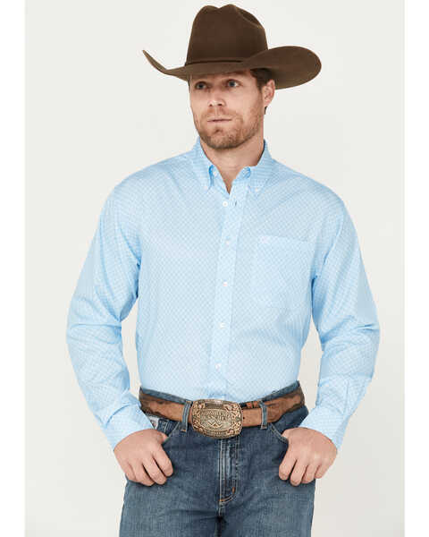 Image #1 - Cinch Men's ARENAFLEX Geo Print Long Sleeve Button-Down Western Shirt, Light Blue, hi-res