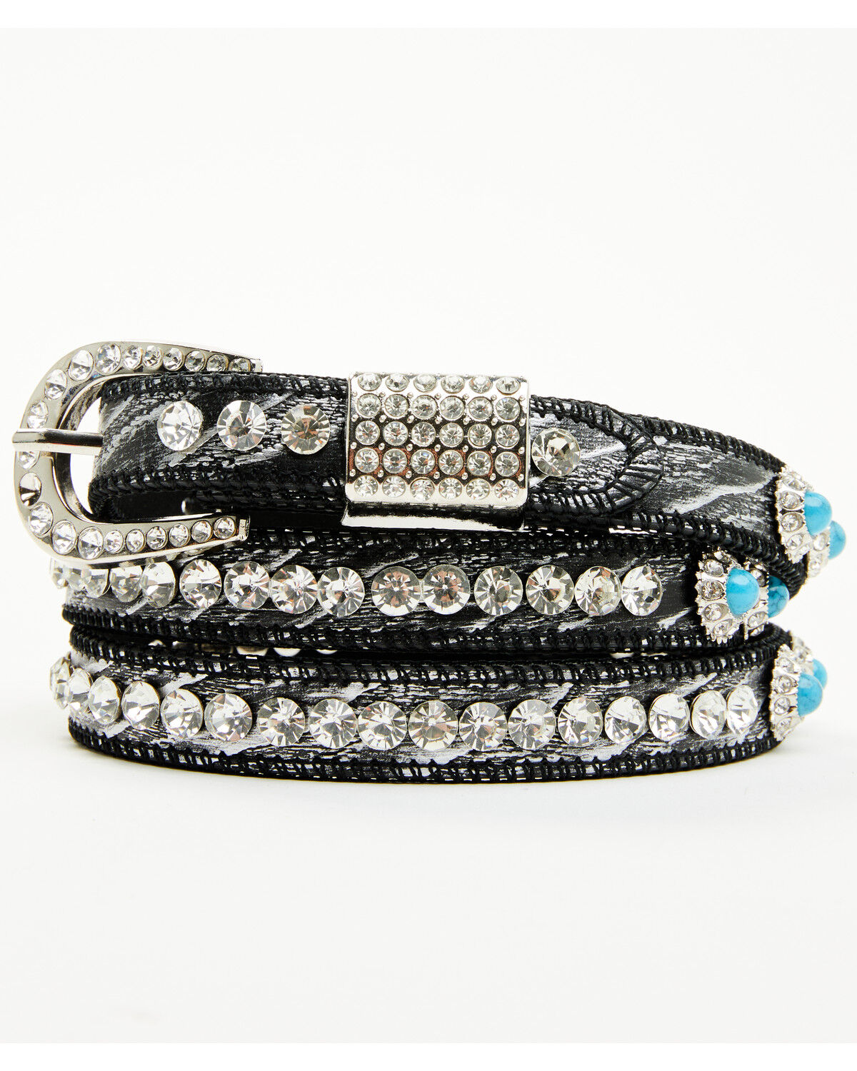 Image #2 - Shyanne Women's Rhinestone Studded Leather Thin Belt, Black, hi-res