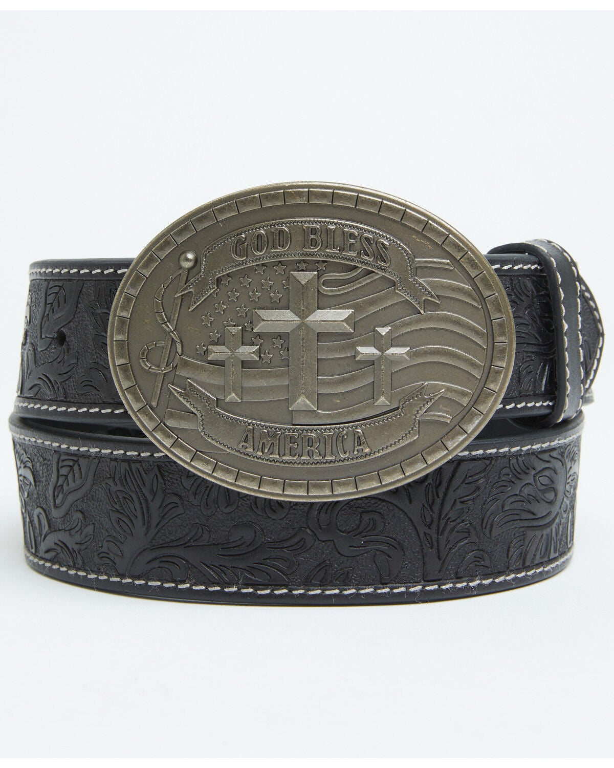 Image #1 - Cody James Men's God Bless America Tooled Buckle Belt, Black, hi-res