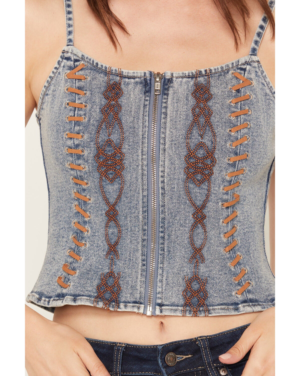 Image #3 - Blue B Women's Denim Embroidered Bustier, Medium Wash, hi-res