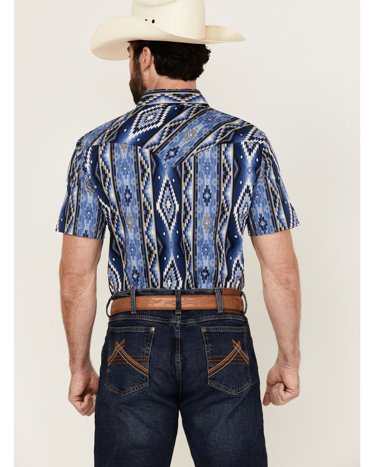 Image #4 - Rock & Roll Denim Men's Southwestern Print Short Sleeve Snap Stretch Western Shirt, Blue, hi-res