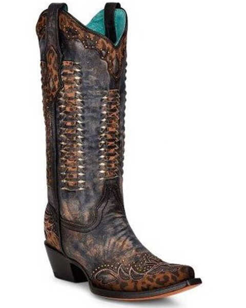 Image #1 - Corral Women's Leopard Print Woven Western Boots - Snip Toe, Black, hi-res