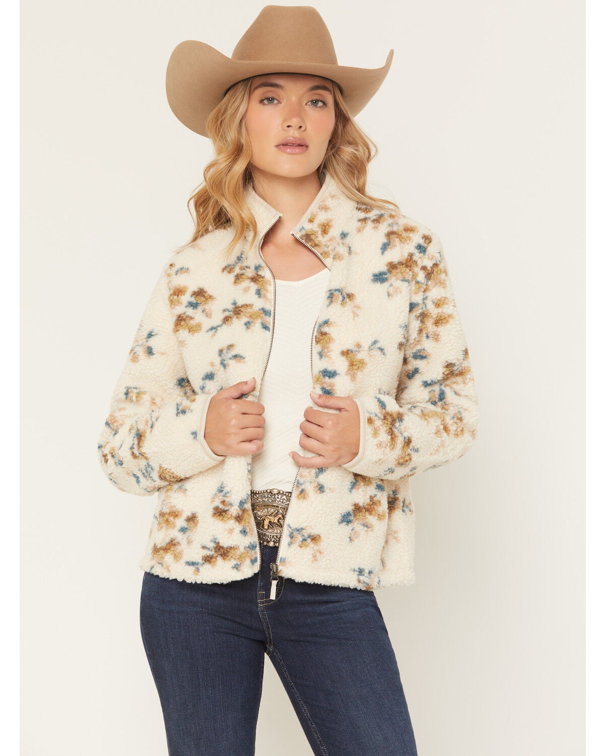 Shyanne Women's Floral Print Sherpa Jacket, Cream, hi-res