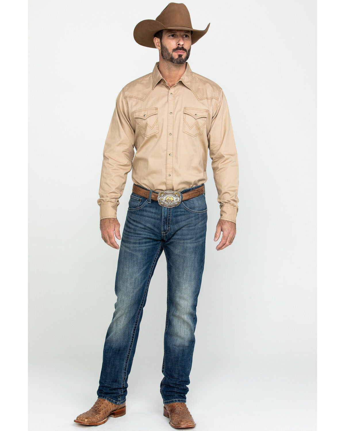 Image #6 - Wrangler Retro Men's Solid Long Sleeve Snap Western Shirt, Tan, hi-res