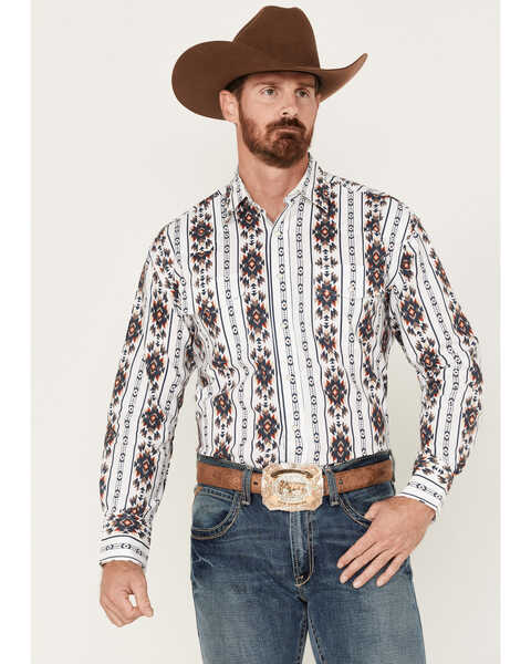 Wrangler Men's Checotah Southwestern Stripe Long Sleeve Snap Western Shirt - Big & Tall, White, hi-res