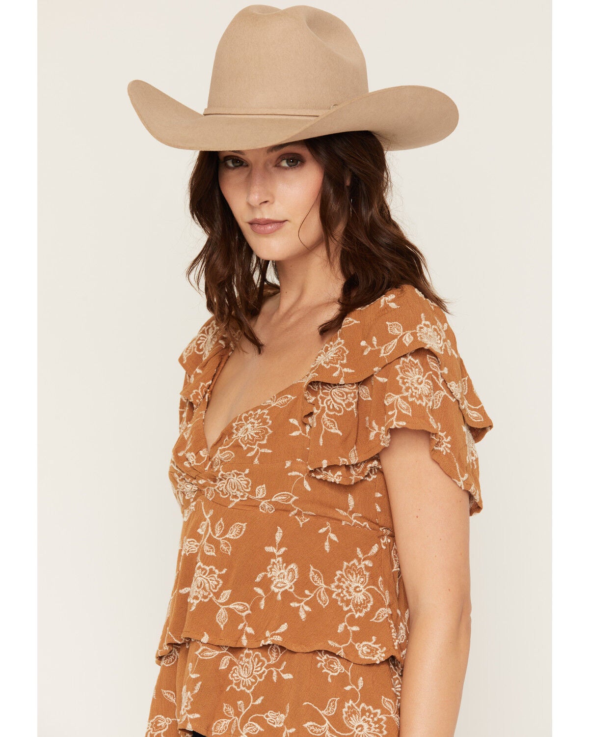 Image #2 - Originality Women's Boot Barn Exclusive Floral Embroidered Tiered Tie Back Top, Mustard, hi-res