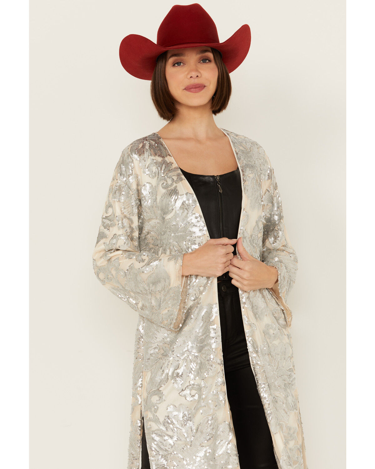 Image #2 - Sadie & Sage Women's Aura Sequin Floral Kimono, Silver, hi-res