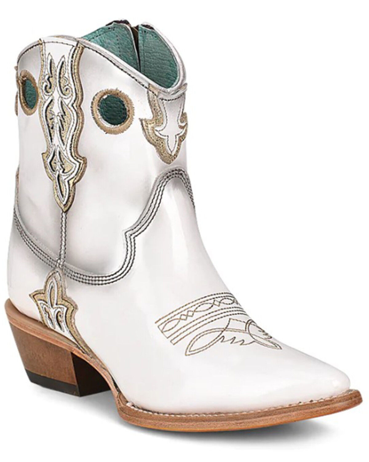 Image #1 - Corral Women's Patent Leather Inlay & Embroidery Western Booties - Snip Toe, White, hi-res