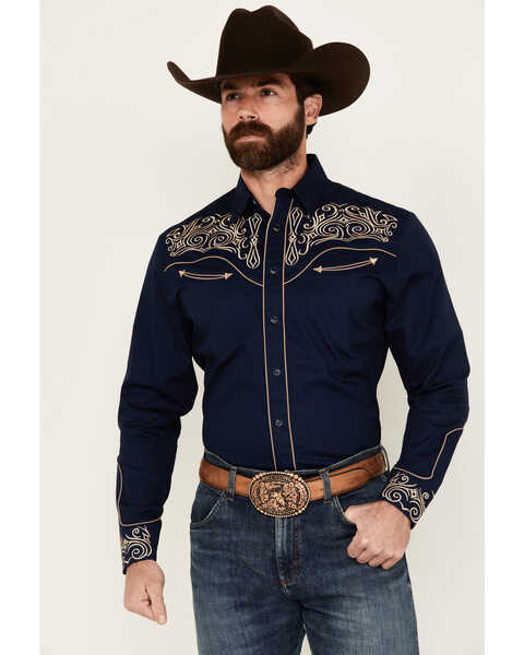 Rodeo Clothing Men's Fancy Smiley Yoke Embroidered Long Sleeve Pearl Snap Western Shirt , Navy, hi-res