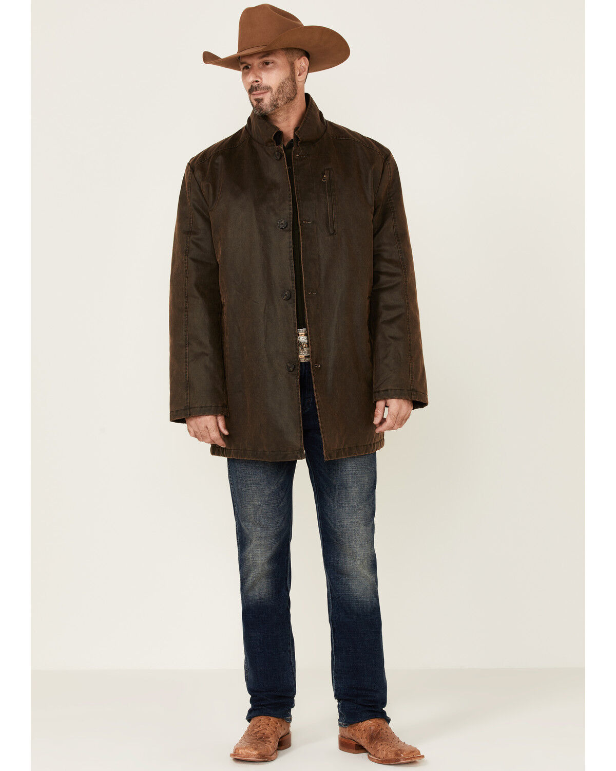 Image #2 - Cripple Creek Men's Enzyme Washed Storm-Flap Long Coat, Brown, hi-res