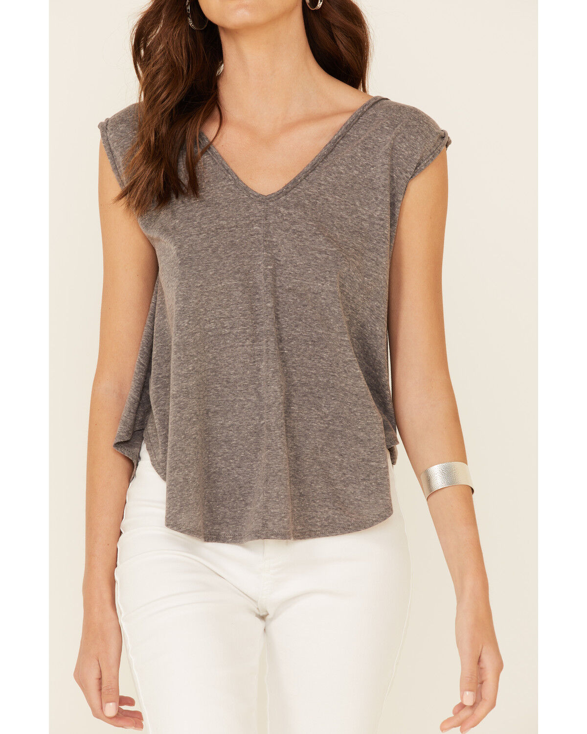 Image #3 - Tres Aves Women's Solid Gray Oversized Double V-Neck Short Sleeve Top, Grey, hi-res