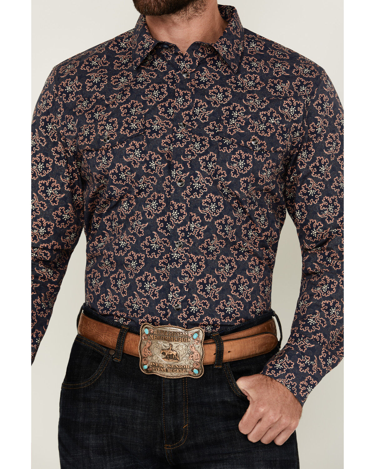 Image #3 - Gibson Trading Co Men's Garret Floral Print Long Sleeve Snap Western Shirt, Navy, hi-res