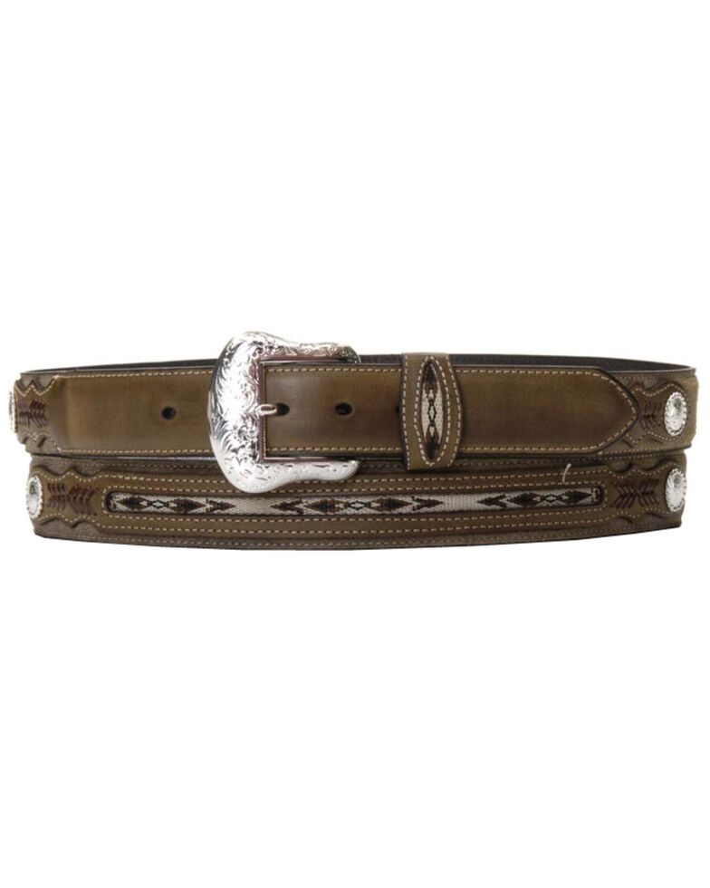 Nocona Top Hand Fabric Inset Center Concho Belt - Large, Brown, hi-res