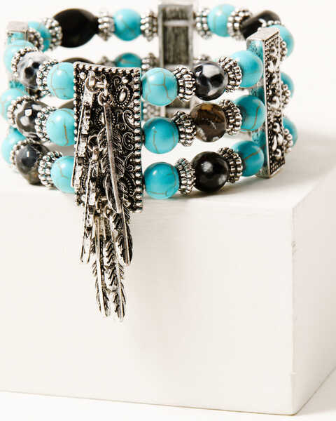 Shyanne Women's Silver Fringe & Turquoise Beaded Multilayered Stretch Cuff Bracelet, Silver, hi-res