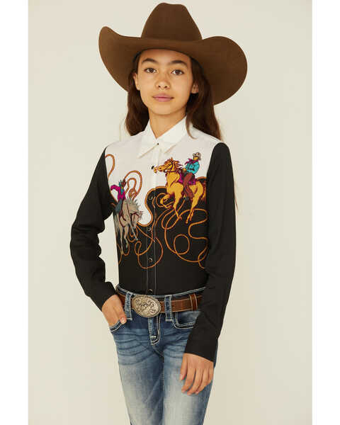 Roper Girls' Retro Border Print Western Rodeo Snap Shirt, Black, hi-res
