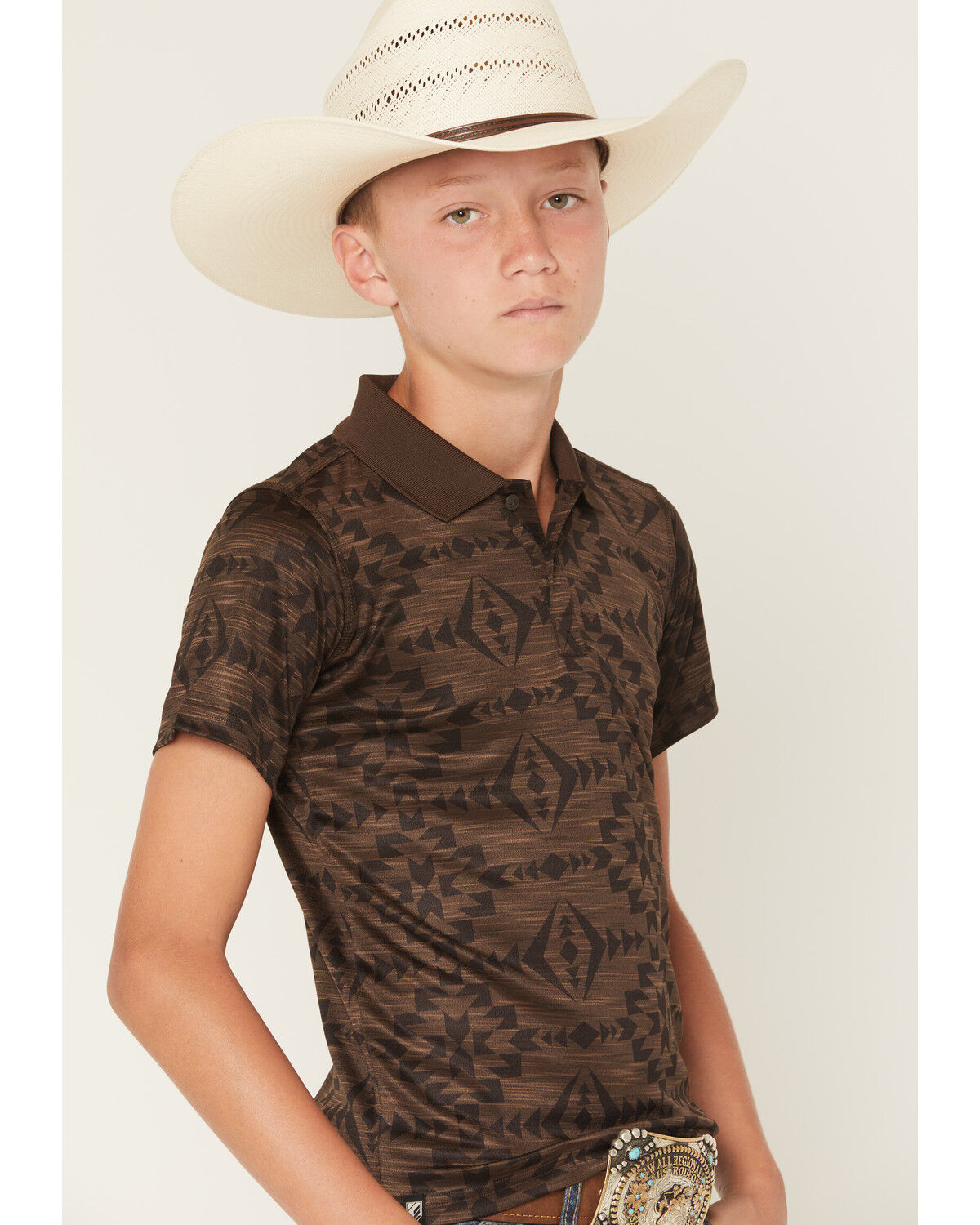 Image #2 - RANK 45® Boys' Tonal Southwestern Short Sleeve Button-Down Polo Shirt, Coffee, hi-res