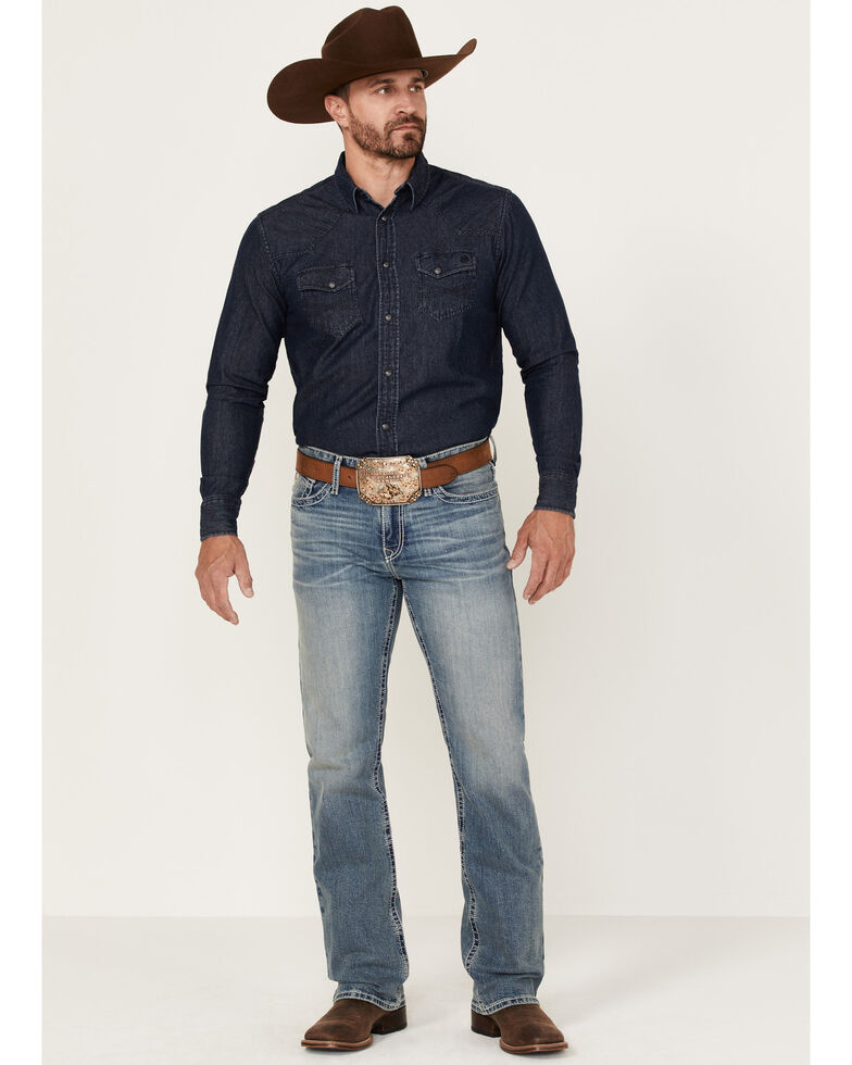Cinch Men's Ian Medium Stonewash Performance Stretch Slim Bootcut Jeans , Indigo, hi-res