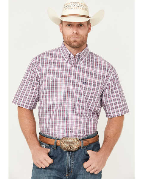 Image #1 - George Strait by Wrangler Men's Plaid Print Short Sleeve Button Down Western Shirt, Red, hi-res