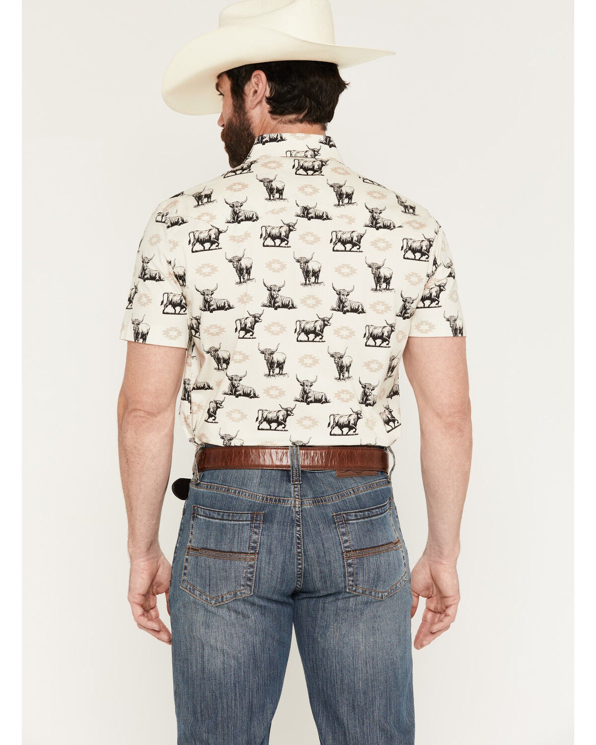 Image #4 - Rock & Roll Denim Men's Steer Print Short Sleeve Snap Stretch Western Shirt, Tan, hi-res
