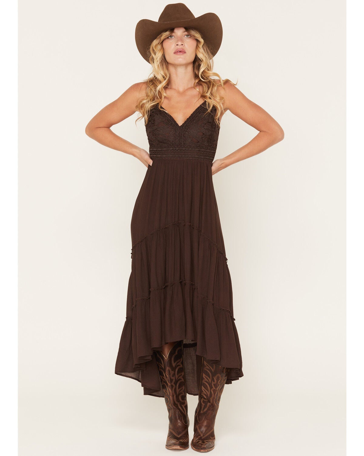 Shyanne Women's Aerie Crochet Front High-Low Midi Dress, Cognac, hi-res