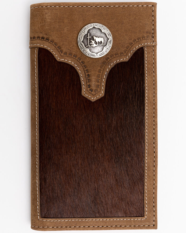 Cody James Men's Hair On Praying Cowboy Leather Checkbook Wallet, Brown, hi-res