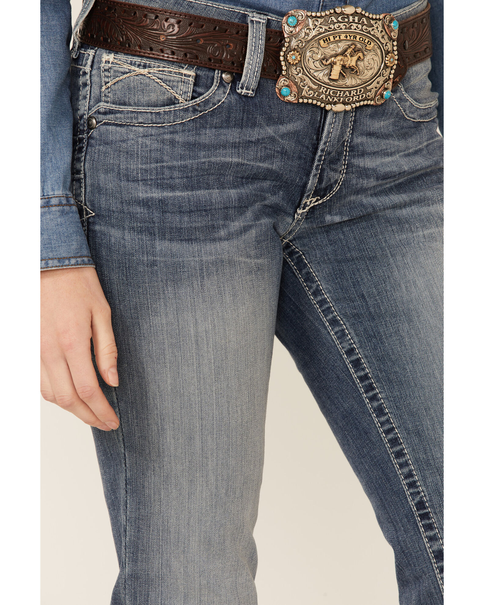 Image #3 - Ariat Women's R.E.A.L. Mid Rise Icon Stackable Straight Stretch Denim Riding Jeans, Indigo, hi-res