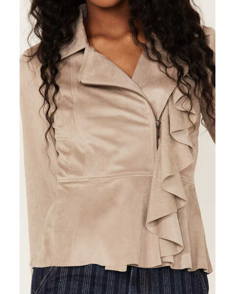 Image #3 - Shyanne Women's Ruffle Faux Suede Moto Jacket, Taupe, hi-res