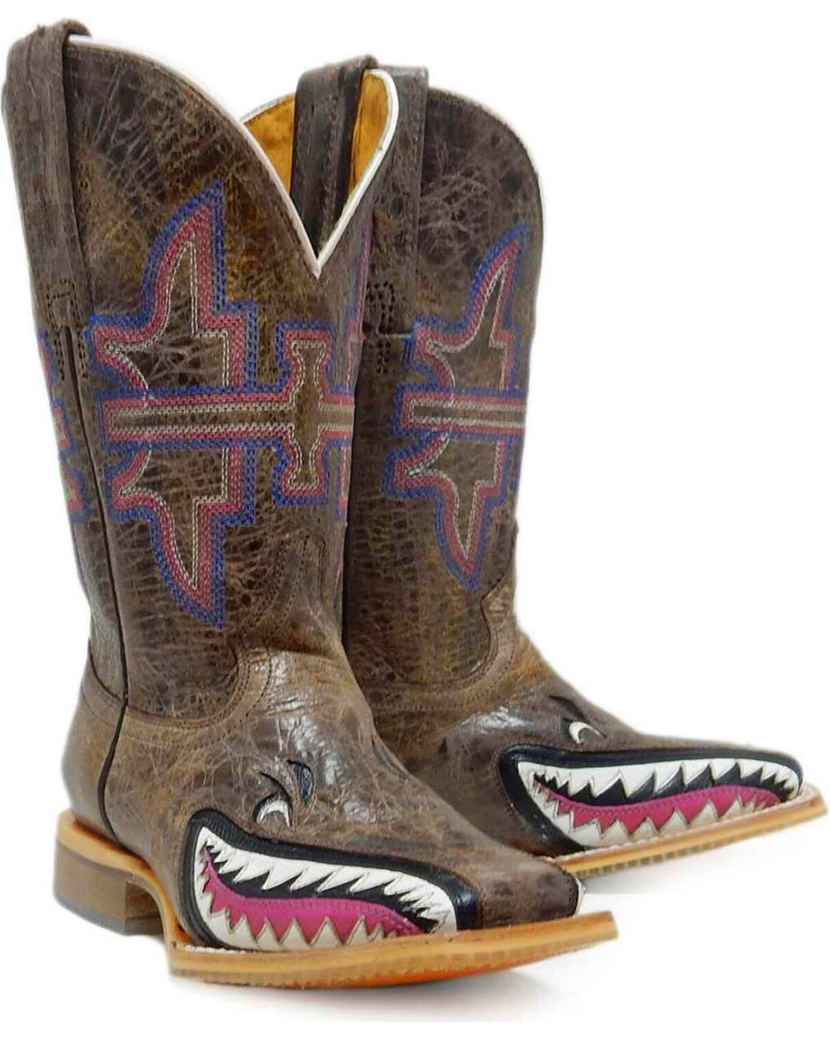 Image #2 - Tin Haul Girls' Tan and Pink Leather Western Boots - Square Toe, Pink, hi-res