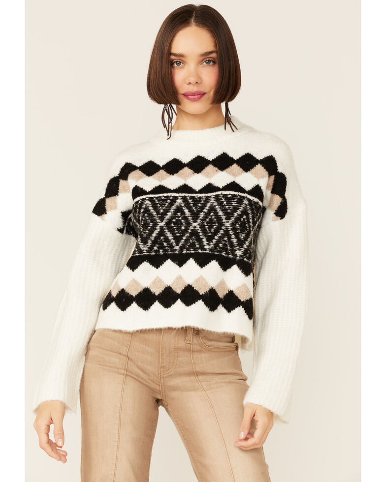 Revel Women's Off White & Black Southwestern Pullover Sweater, White, hi-res
