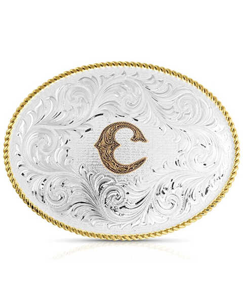 Montana Silversmiths Classic Western Oval Two-Tone Initial Belt Buckle - C, Silver, hi-res