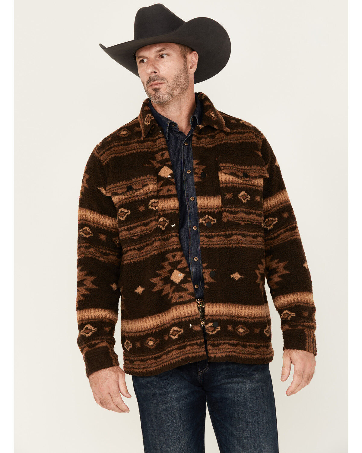 Image #1 - Cody James Men's Highlander Southwestern Print Sherpa Snap Jacket, Brown, hi-res