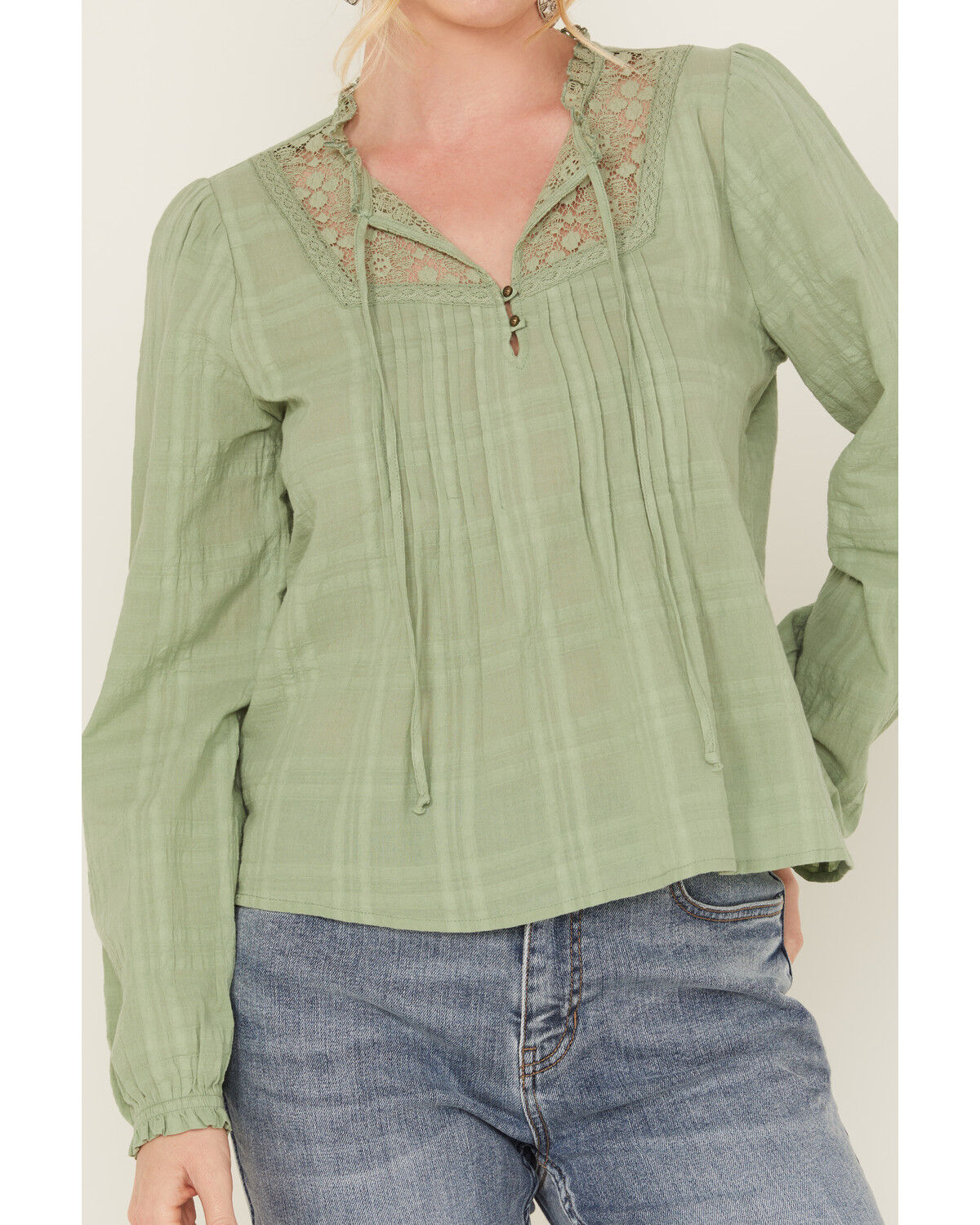 Image #3 - Jolt Women's Lace Trim Long Sleeve Peasant Top, Sage, hi-res